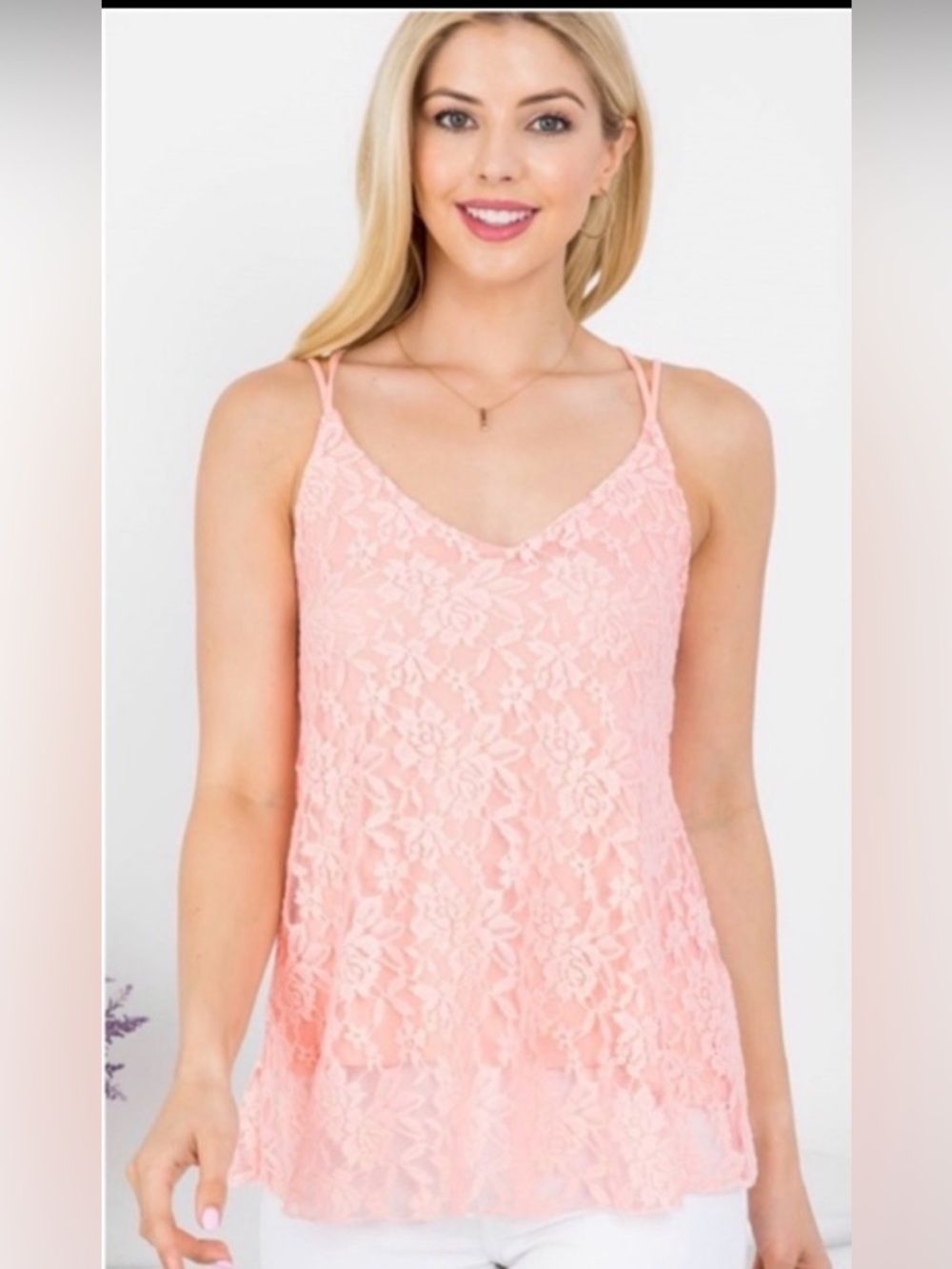 New Blushing Pink Lace Cross Back Thin Strap Elegant Romantic Tank Top
